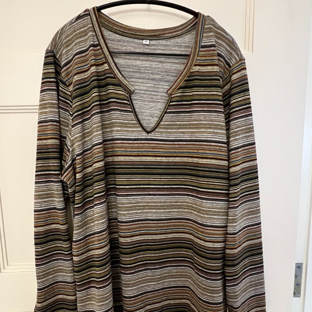 ECU - 3X - Khaki Green Multicolor Stripe Long Sleeve Shirt
